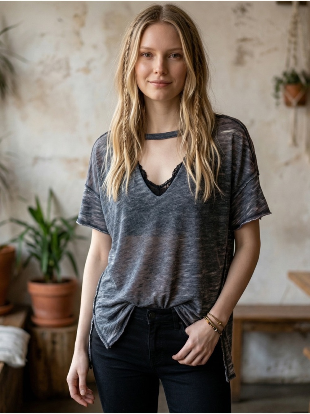 We The Free Burnout V-Neck Tee XS Charcoal Gray Oversized Boho